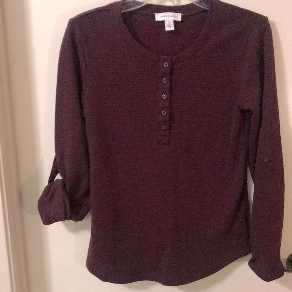 Vintage America Maroon with Navy Blue Stripe 5 Button Tabbed Pullover Size Small